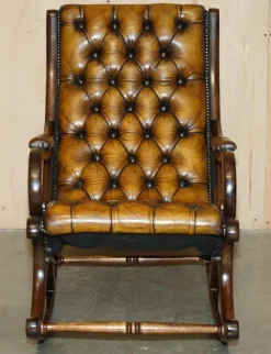 Pamono Vintage Brown Leather Chesterfield Rocking Armchair