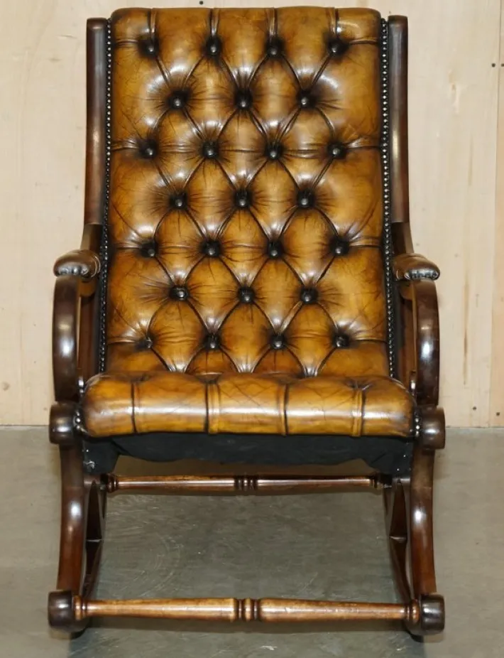 Pamono Vintage Brown Leather Chesterfield Rocking Armchair