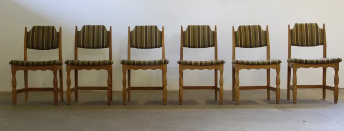 Pamono Vintage Brutalist Oak Dining Chairs by Henning Kjærnulf, 1960s, Set of 6 Online