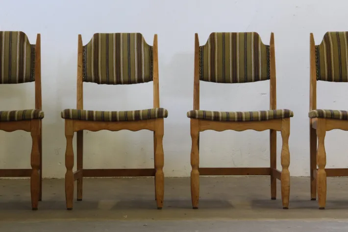 Pamono Vintage Brutalist Oak Dining Chairs by Henning Kjærnulf, 1960s, Set of 6 Online