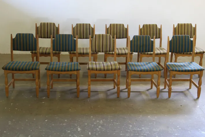 Pamono Vintage Brutalist Oak Dining Chairs by Henning Kjærnulf, 1960s, Set of 6 Online