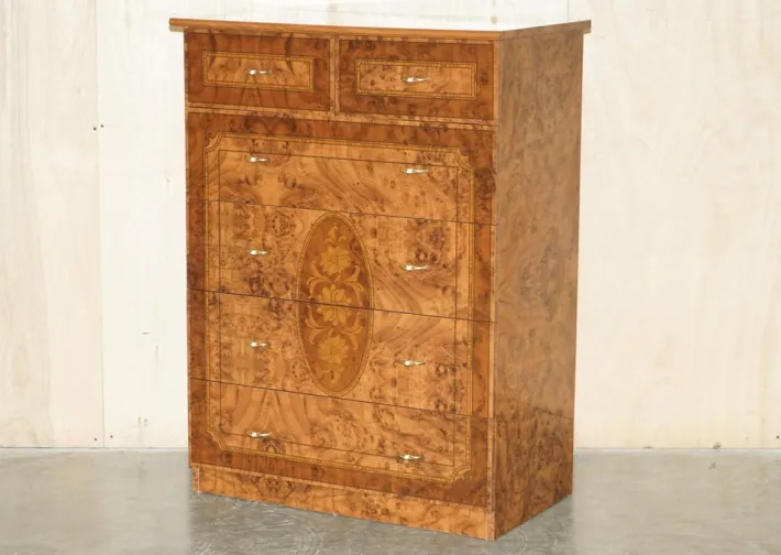 Pamono Vintage Burr Walnut Veneer Chest of Drawers, Italy New