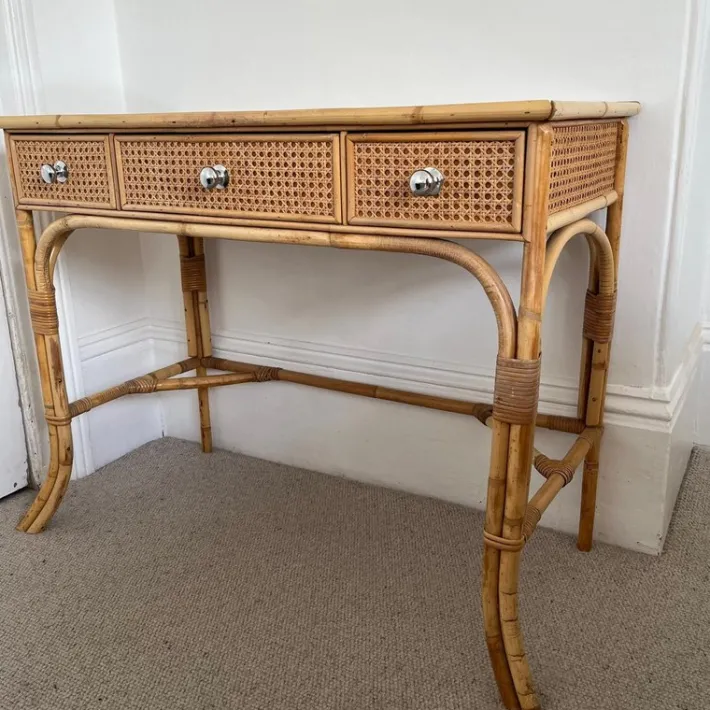 Pamono Vintage Cane and Bamboo Dressing Table with 3 Drawers Outlet