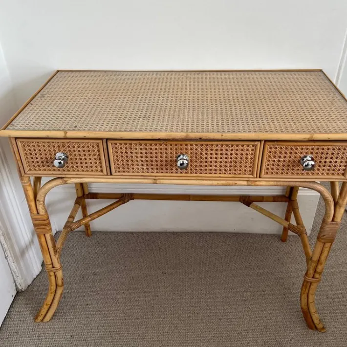 Pamono Vintage Cane and Bamboo Dressing Table with 3 Drawers Outlet