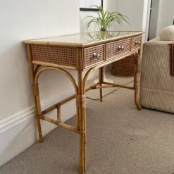Pamono Vintage Cane and Bamboo Dressing Table with 3 Drawers Outlet
