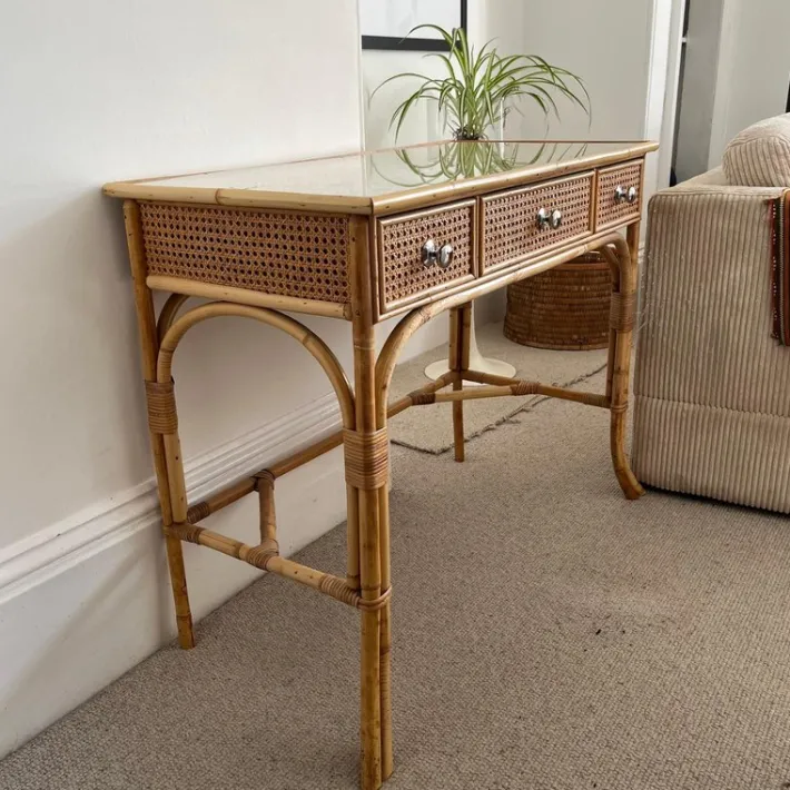 Pamono Vintage Cane and Bamboo Dressing Table with 3 Drawers Outlet