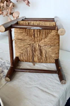 Pamono Vintage Children's Chair in Dark Wood with Woven Straw Seat, 1980s Discount