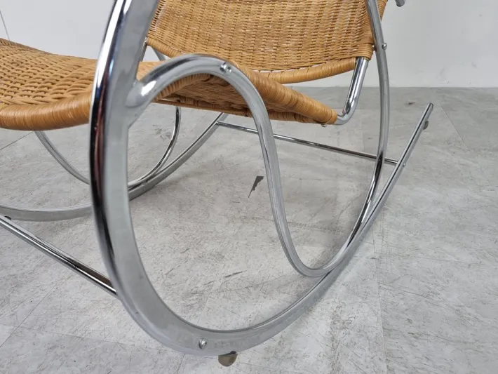 Pamono Vintage Chrome and Wicker Rocking Chair, 1970s Sale