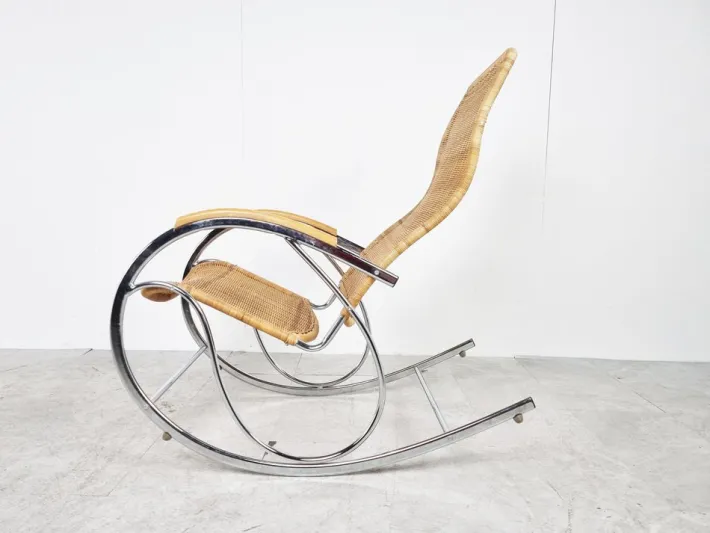 Pamono Vintage Chrome and Wicker Rocking Chair, 1970s Sale
