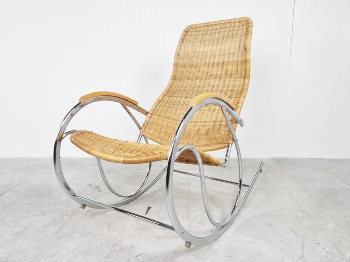 Pamono Vintage Chrome and Wicker Rocking Chair, 1970s Sale