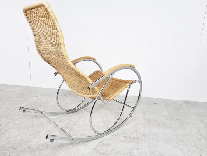 Pamono Vintage Chrome and Wicker Rocking Chair, 1970s Sale