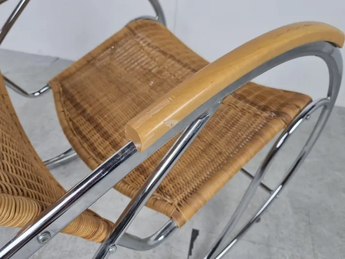 Pamono Vintage Chrome and Wicker Rocking Chair, 1970s Sale