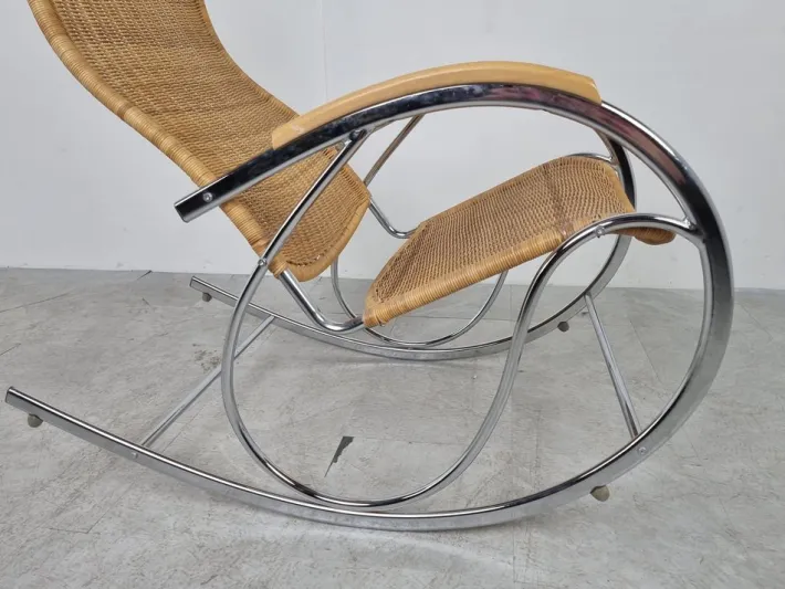 Pamono Vintage Chrome and Wicker Rocking Chair, 1970s Sale