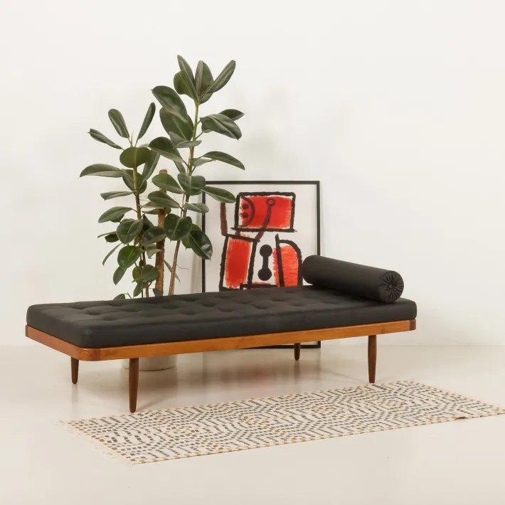 Pamono Vintage Danish Teak Daybed in Black Leather, 1960s