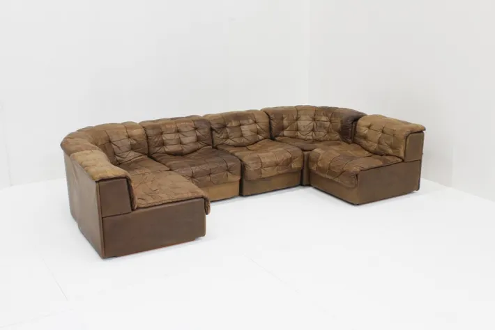 Pamono Vintage DS 11 Modular Sofa in Brown Patchwork Leather from de Sede, 1970s, Set of 6 Sale