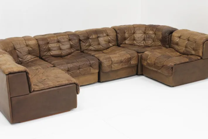 Pamono Vintage DS 11 Modular Sofa in Brown Patchwork Leather from de Sede, 1970s, Set of 6 Sale