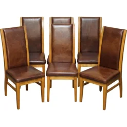 Pamono Vintage English Oak and Heritage Brown Leather Dining Chairs, Set of 6