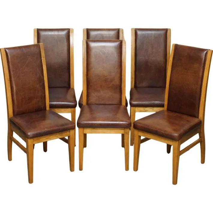 Pamono Vintage English Oak and Heritage Brown Leather Dining Chairs, Set of 6