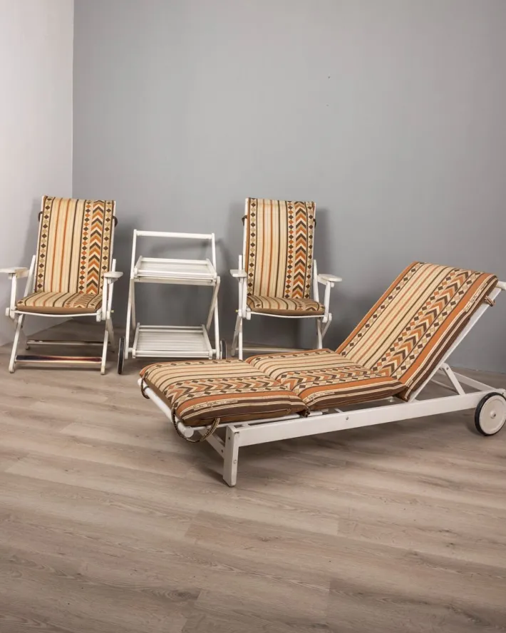 Pamono Vintage Fabric Deck Chairs and Trolley by Clara Agnelli Per Reguitti for Fratelli Reguitti, 1970s, Set of 4 Clearance