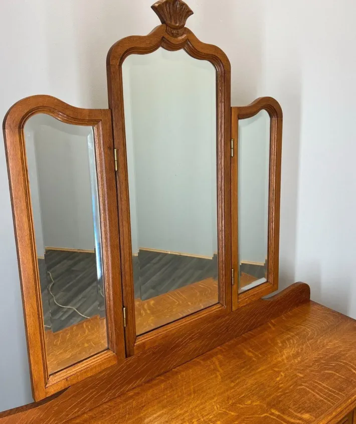 Pamono Vintage French Dressing Table with Mirror in Oak Sale
