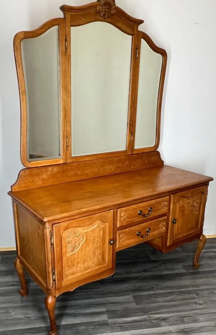 Pamono Vintage French Dressing Table with Mirror in Oak Best