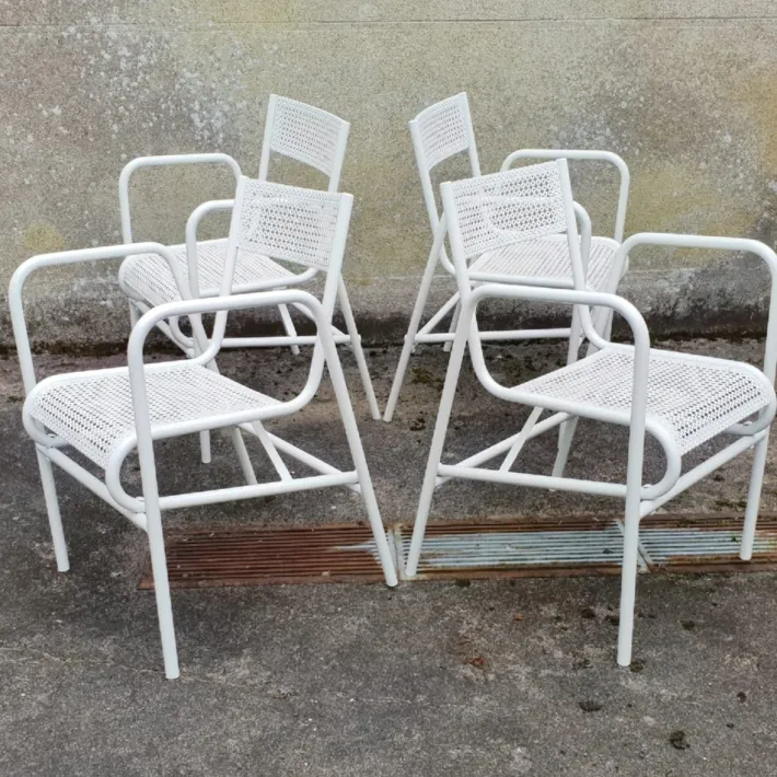 Pamono Vintage French Garden Chairs in Perforated Steel in the style of Mathieu Matégot, 1950s, Set of 4 Outlet