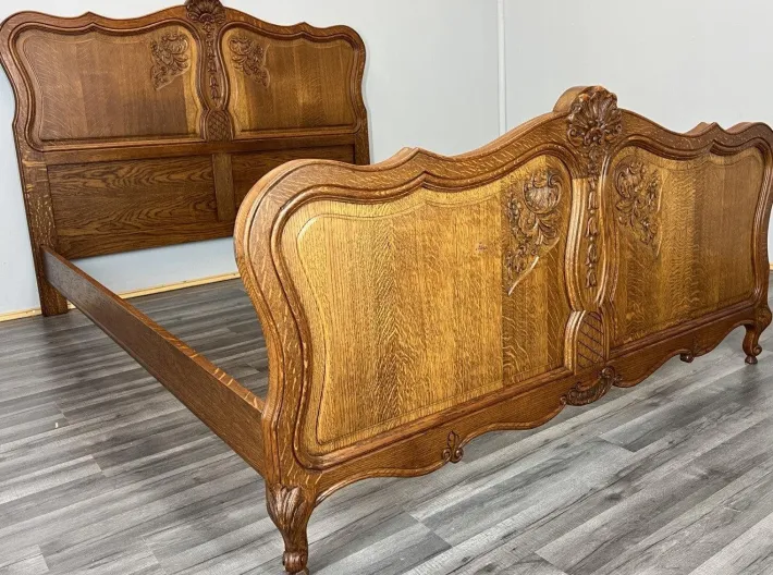 Pamono Vintage French Louis XVI Style Double Carved Bed Frame in Oak Clearance