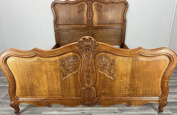 Pamono Vintage French Louis XVI Style Double Carved Bed Frame in Oak Clearance