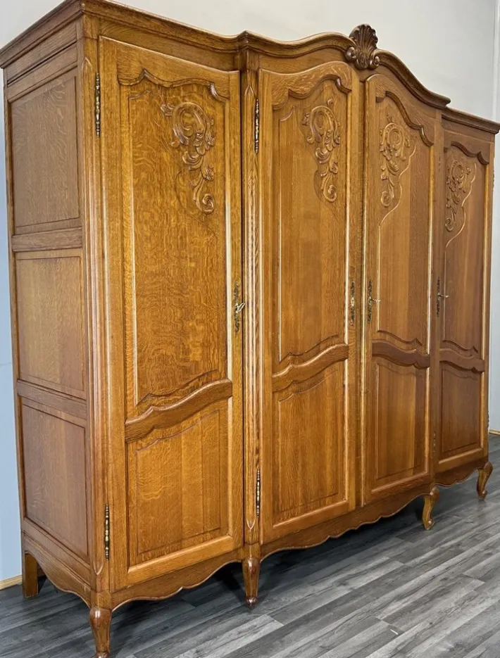 Pamono Vintage French Louis XVI Carved Oak 4-Door Armoire