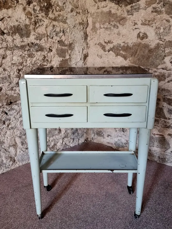 Pamono Vintage French Medical Instrument Table Metal Cabinet with Glass Top, 1960s Outlet