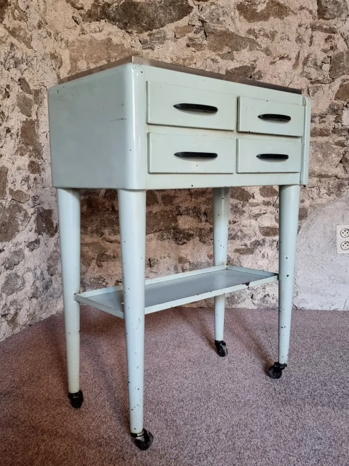 Pamono Vintage French Medical Instrument Table Metal Cabinet with Glass Top, 1960s Outlet