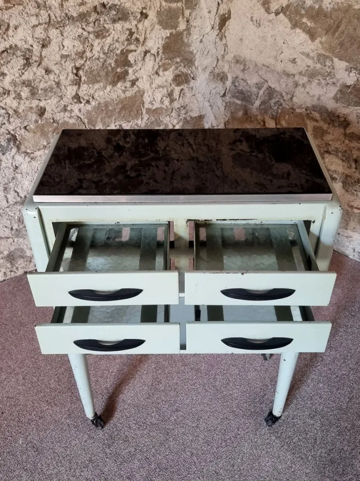 Pamono Vintage French Medical Instrument Table Metal Cabinet with Glass Top, 1960s Outlet