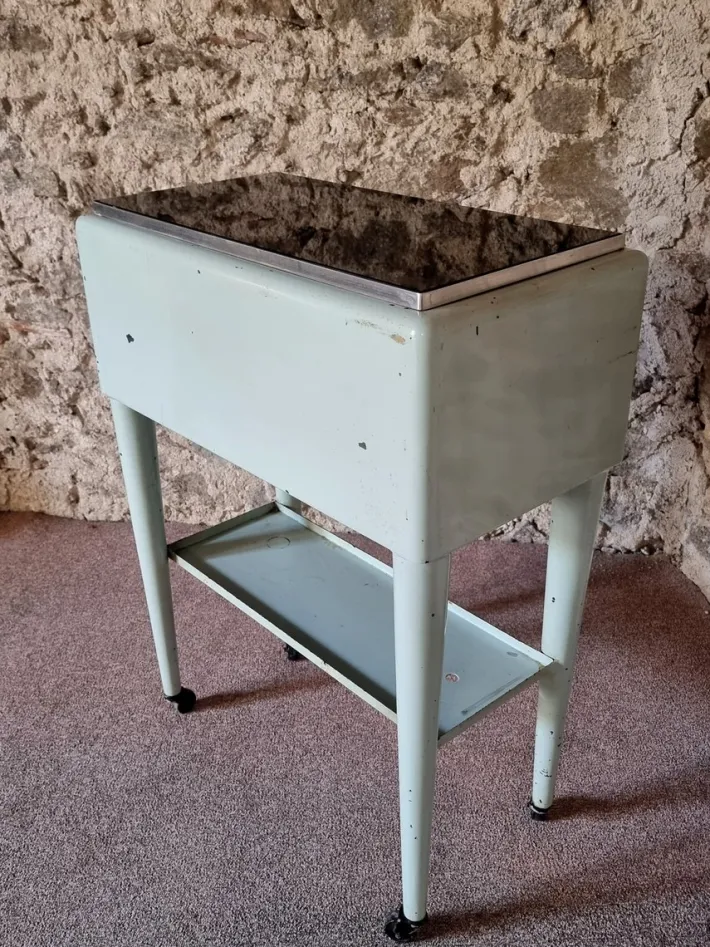 Pamono Vintage French Medical Instrument Table Metal Cabinet with Glass Top, 1960s Outlet