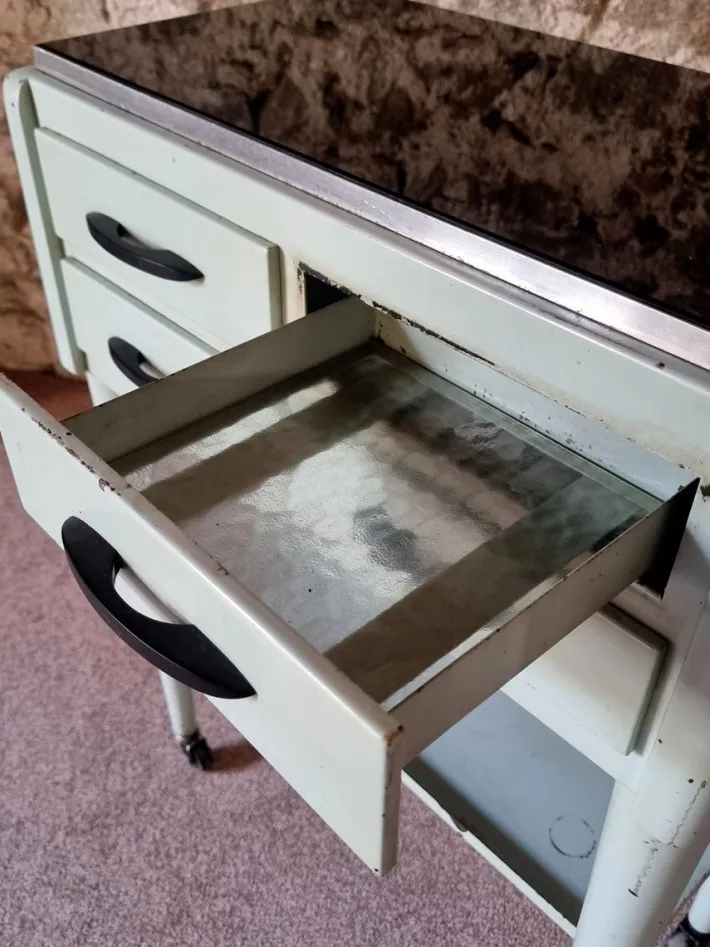 Pamono Vintage French Medical Instrument Table Metal Cabinet with Glass Top, 1960s Outlet