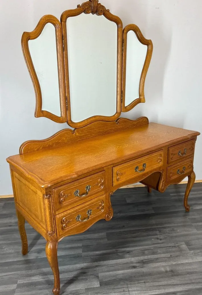 Pamono Vintage French Oak Dressing Table with Mirror Sale