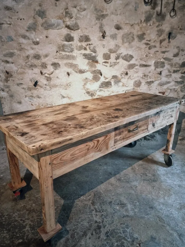 Pamono Vintage French Pine Work Table with Drawer and Castors, 1930s Sale