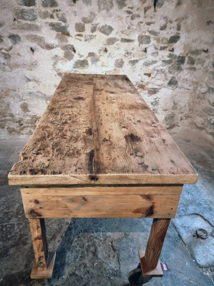 Pamono Vintage French Pine Work Table with Drawer and Castors, 1930s Sale