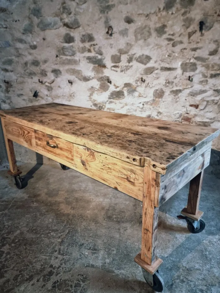 Pamono Vintage French Pine Work Table with Drawer and Castors, 1930s Sale
