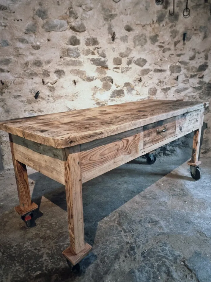 Pamono Vintage French Pine Work Table with Drawer and Castors, 1930s Sale