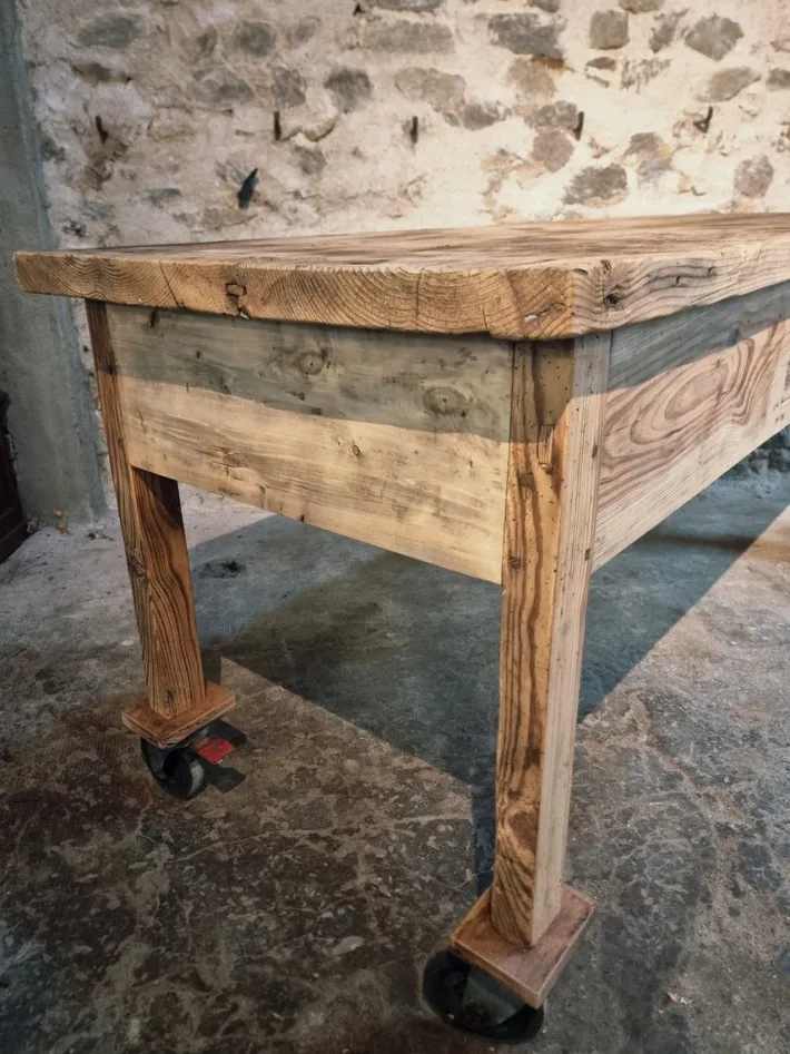 Pamono Vintage French Pine Work Table with Drawer and Castors, 1930s Sale