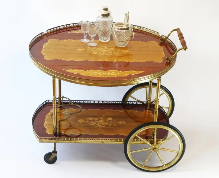 Pamono Vintage German Bar Cart with Inlaid Marquetry Discount