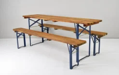Pamono Vintage German Folding Garden or Picnic Table and Benches, 1970s, Set of 3 New