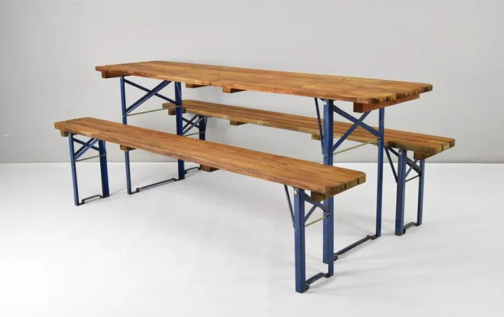 Pamono Vintage German Folding Garden or Picnic Table and Benches, 1970s, Set of 3 New