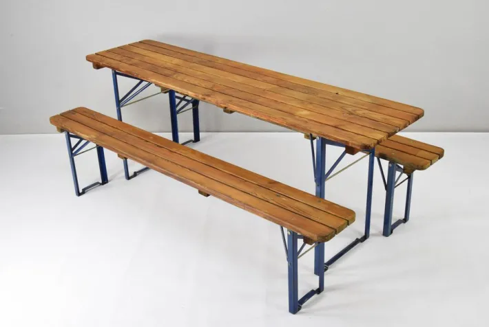 Pamono Vintage German Folding Garden or Picnic Table and Benches, 1970s, Set of 3 New