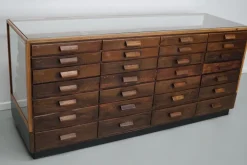 Pamono Vintage German Oak Glass Shop Counter Haberdashery Cabinet, 1950