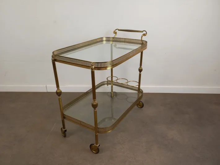 Pamono Vintage Glass and Brass Rolling Trolley, 1950s