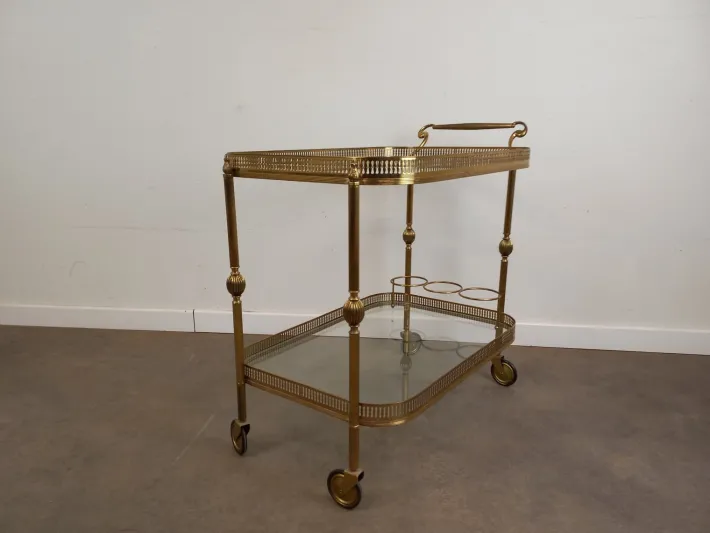 Pamono Vintage Glass and Brass Rolling Trolley, 1950s