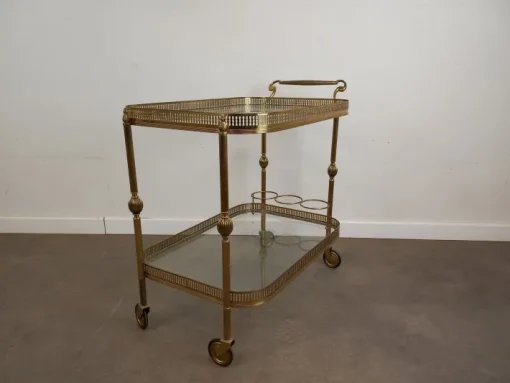 Pamono Vintage Glass and Brass Rolling Trolley, 1950s