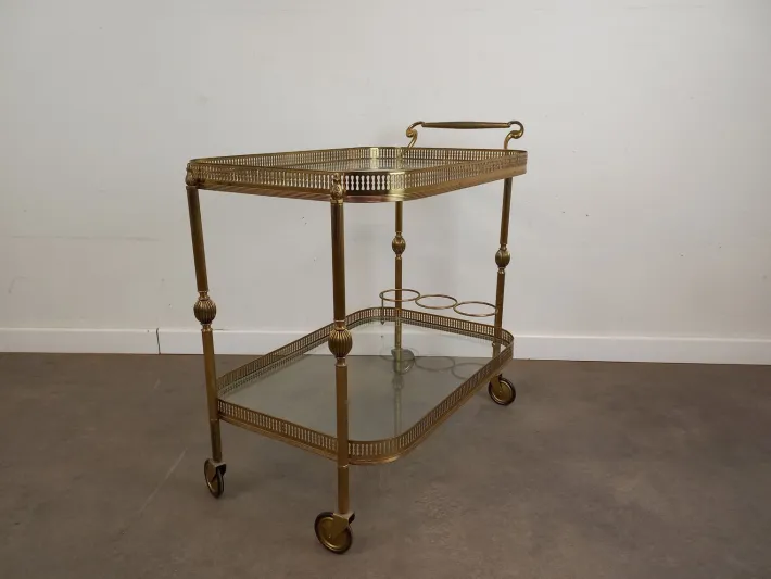 Pamono Vintage Glass and Brass Rolling Trolley, 1950s