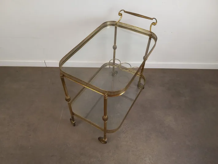 Pamono Vintage Glass and Brass Rolling Trolley, 1950s
